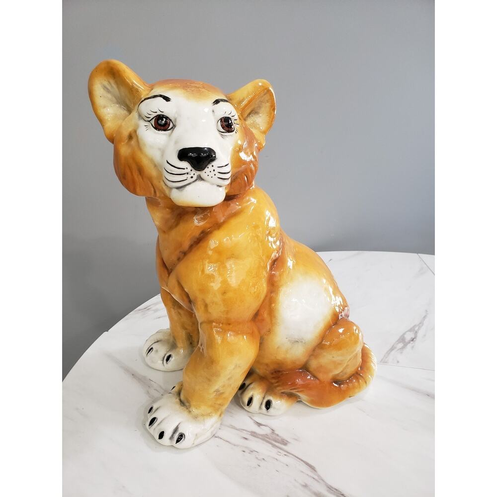 MCM Mid Century Vintage Hand Painted Ceramic Life Size Lion Cub Statue